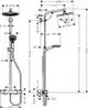 Hansgrohe Duschsystem mit Regendusche, Handbrause und Thermostat. Montagehöhe und Anschlüsse sind im technischen Zeichnungsformat dargestellt.